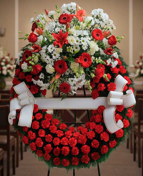 Corona Funerària un capçal tonalitats vermelles
