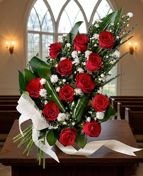 Ram funerari de 12 roses vermelles